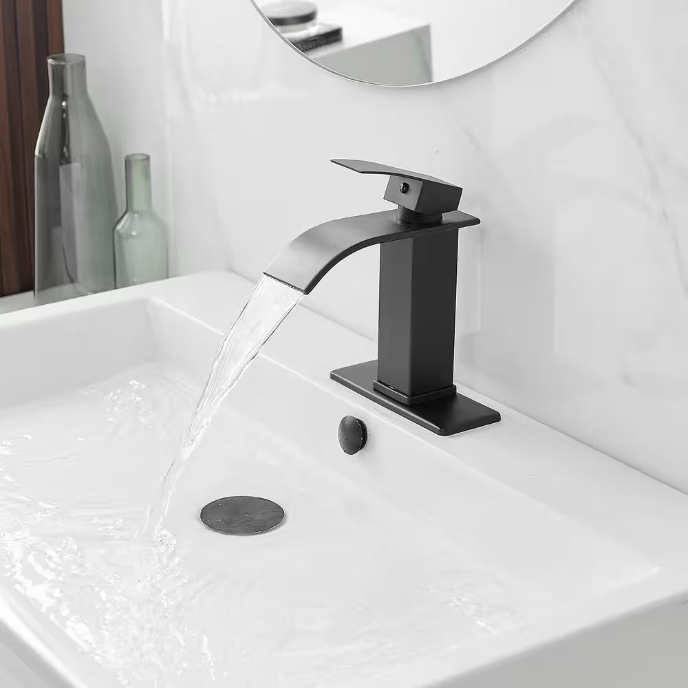 Waterfall Single Handle Single Hole Low-Arc Bathroom Faucet Bathroom Drip-Free Vanity Sink Faucet in Matte Black