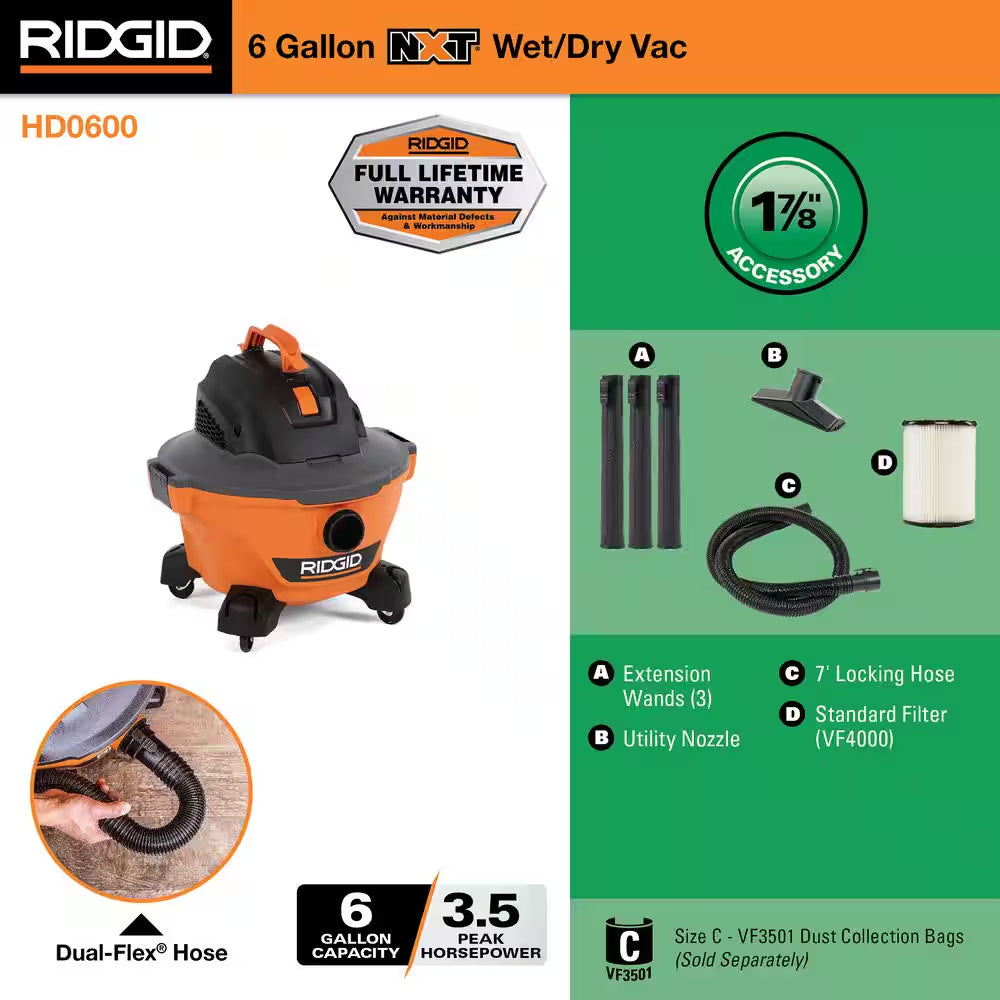 6 Gal. 3.5 Peak HP NXT Shop Vacuum Wet Dry Vac with General Debris Filter, Locking Hose and Attachments HD06001
