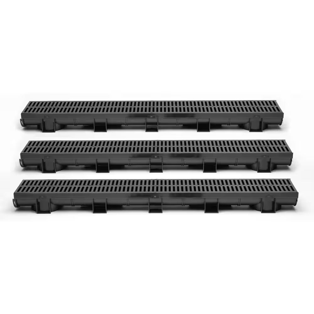 Compact Series 5.4 In. W X 3.2 In. D X 39.4 In. L Trench and Channel Drain Kit with Black Grate (3-Pack : 9.8 Ft)