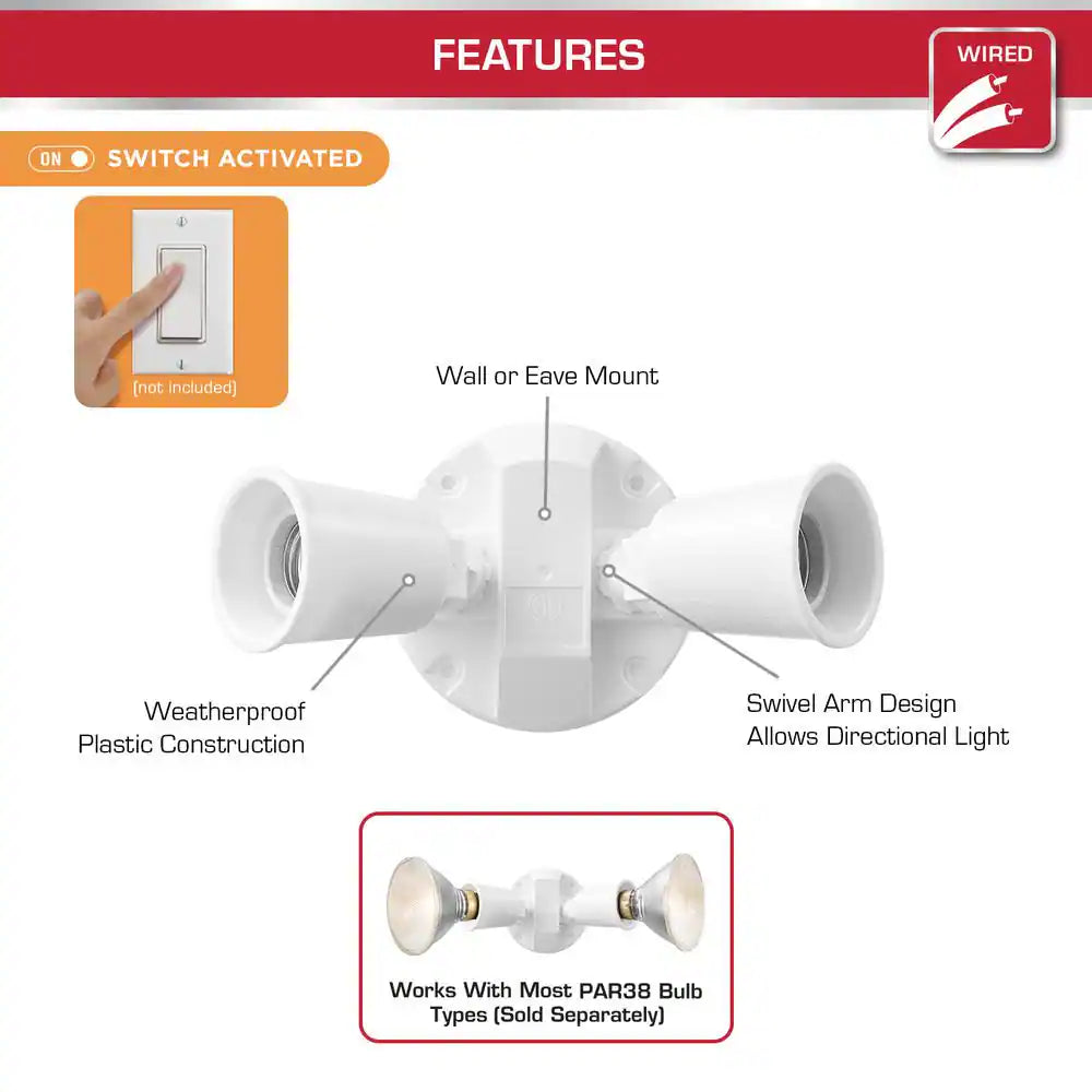 PAR White Switch Activated Wired Outdoor 2-Head Security Flood Light