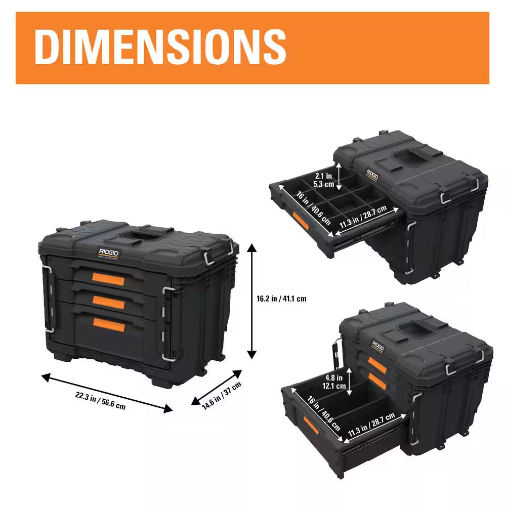 Pro Gear System Gen 2.0 14.6 In. W Black Resin XL 3 Drawer Durable Hand Tool Box with Dividers for Internal Organization