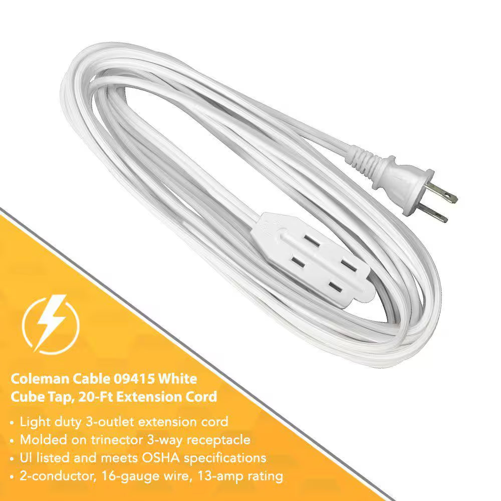 20 Ft. 16/2 SPT-2 Multi-Outlet (3) Indoor Light-Duty Extension Cord with Safety Covered Cube Power Tap