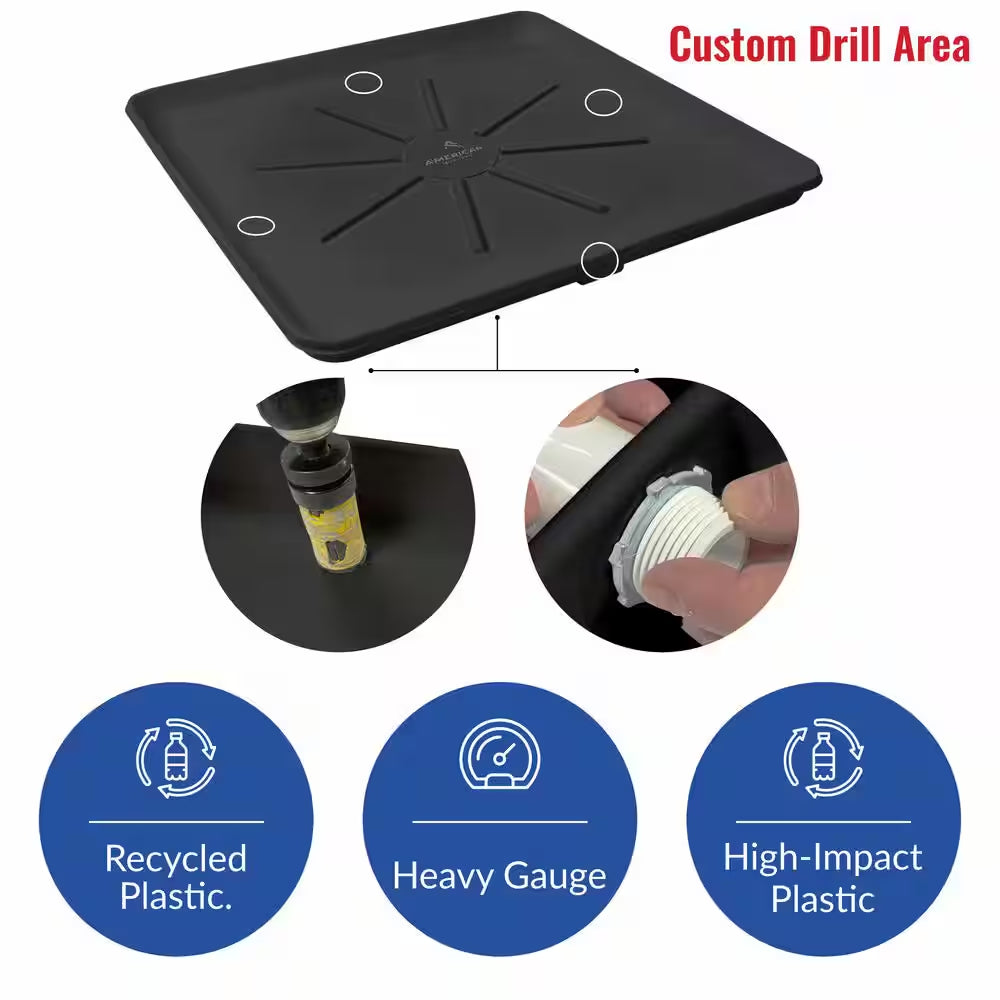 30 In. X 28 In. Plastic Washing Machine Drain Pan with Drainhose Adapter in Black