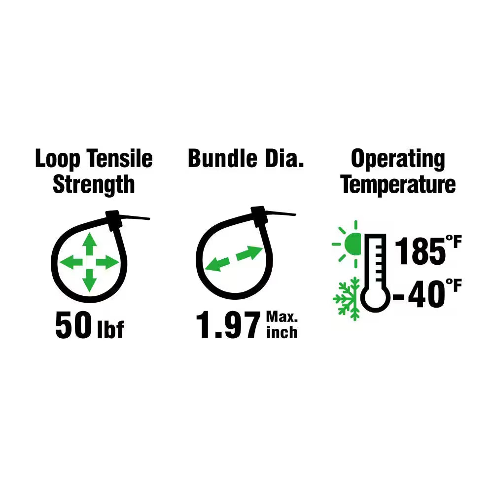 8In Standard 50Lb Tensile Strength UL 21S Rated Cable Zip Ties 1000 Pack Natural (White)