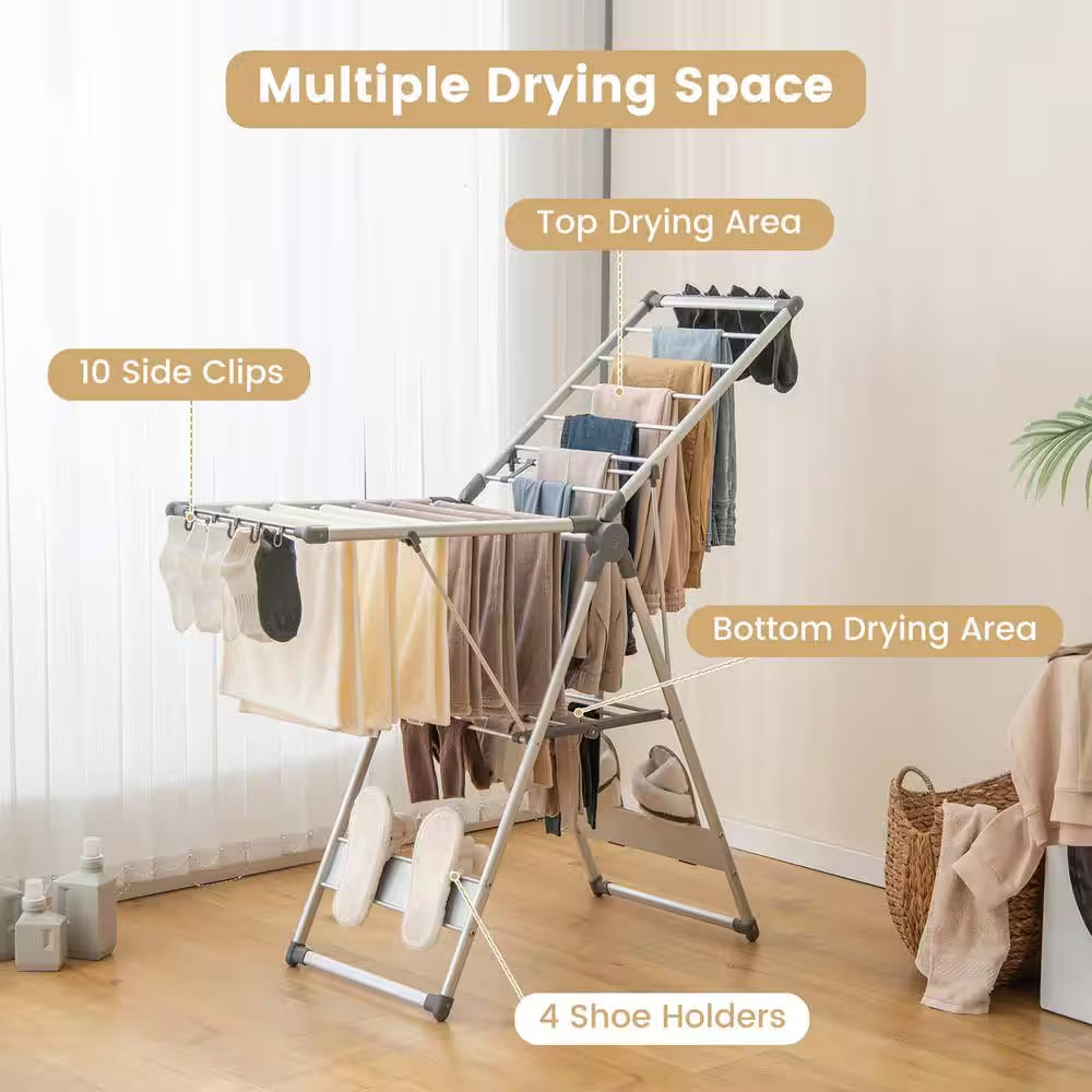 2-Layer Space-Saving Gray Metal Free Standing Drying Rack Collapsible Clothes Drying Rack