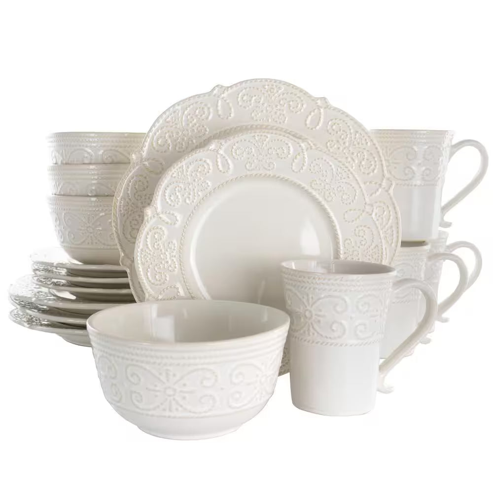 16-Piece Luna Embossed Scalloped White Stoneware Dinnerware Set (Service for 4)