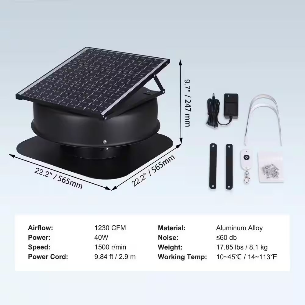 Solar Attic Fan, 40 W, 1230 CFM High Airflow Roof Vent Fan, Weatherproof with 110 V Smart Adapter Black 2025 Update