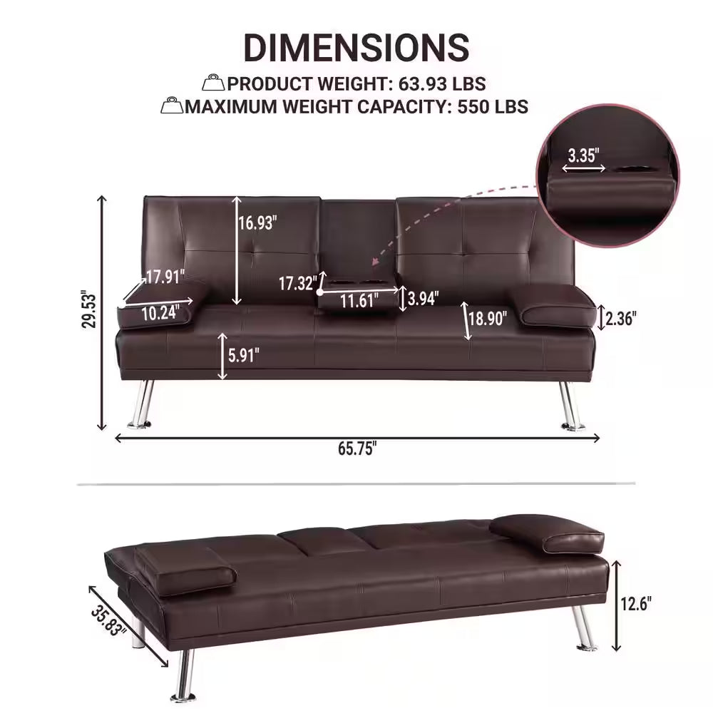 66 in Espresso Futon Sofa Mattress Faux Leather Couch with Armrest and 2-Cupholders Square Arm Rectangle with Metal Legs