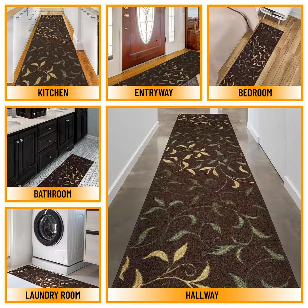 Ottohome Collection Non-Slip Rubberback Leaves Design 3X10 Indoor Runner Rug, 2 Ft. 7 In. X 9 Ft. 10 In., Dark Brown
