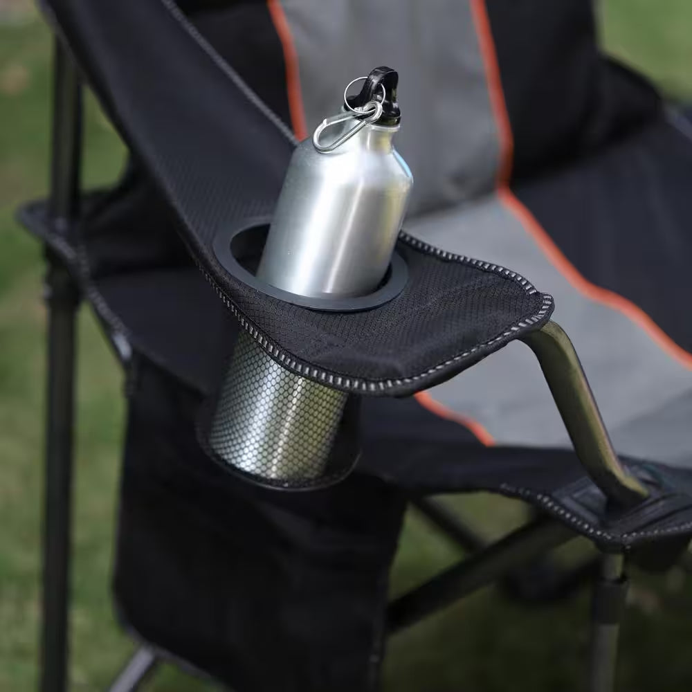 Oversized Folding Camping Chair with Cooler Bag Deluxe Black Chair Heavy-Duty