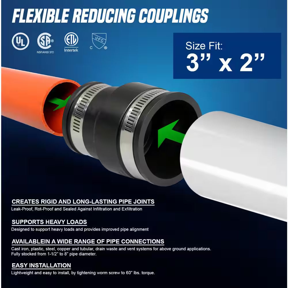 3 In. X 2 In. PVC Flexible Reducing Coupling with Stainless Steel Clamps