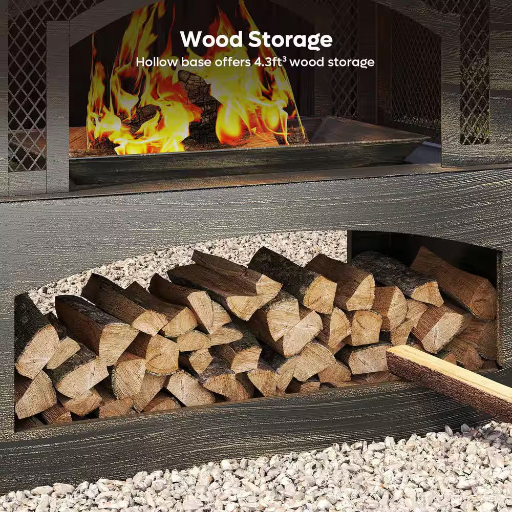 37 In. Steel Outdoor Wood Burning Fireplace with Wood Storage Rectangular Freestanding