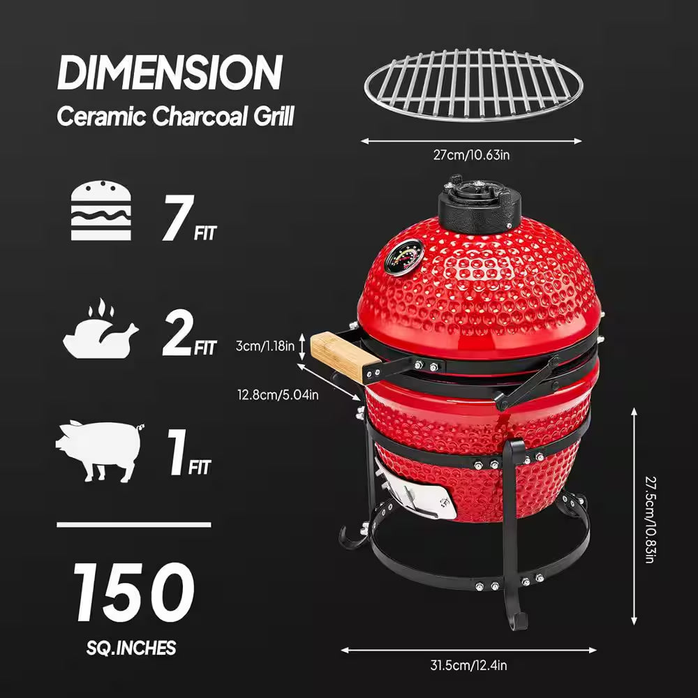 13 In. Kamado Ceramic Charcoal Grill in Red with Grill Stand