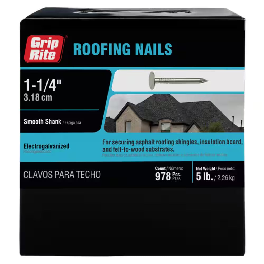 1-1/4 In. X 11-Gauge Electrogalvanized Flat Head Smooth Shank Roofing Nails 5 Lb. Box