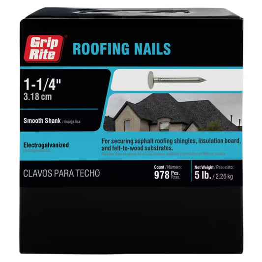 1-1/4 In. X 11-Gauge Electrogalvanized Flat Head Smooth Shank Roofing Nails 5 Lb. Box