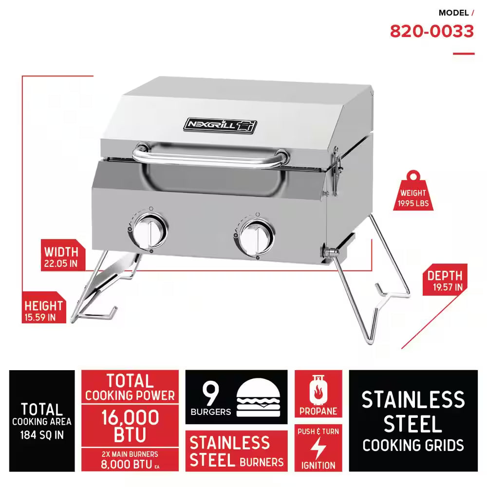 2-Burner Portable Propane Gas Table Top Grill in Stainless Steel