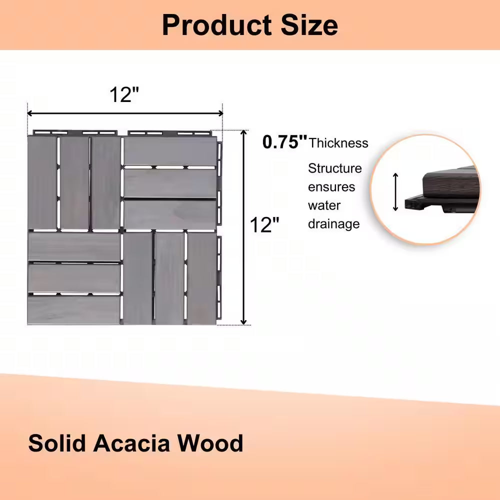12 In. X 12 In. Wood Interlocking Flooring Tiles Indoor Outdoor Patio Garden Deck Poolside Balcony, 10-Pack, Gray