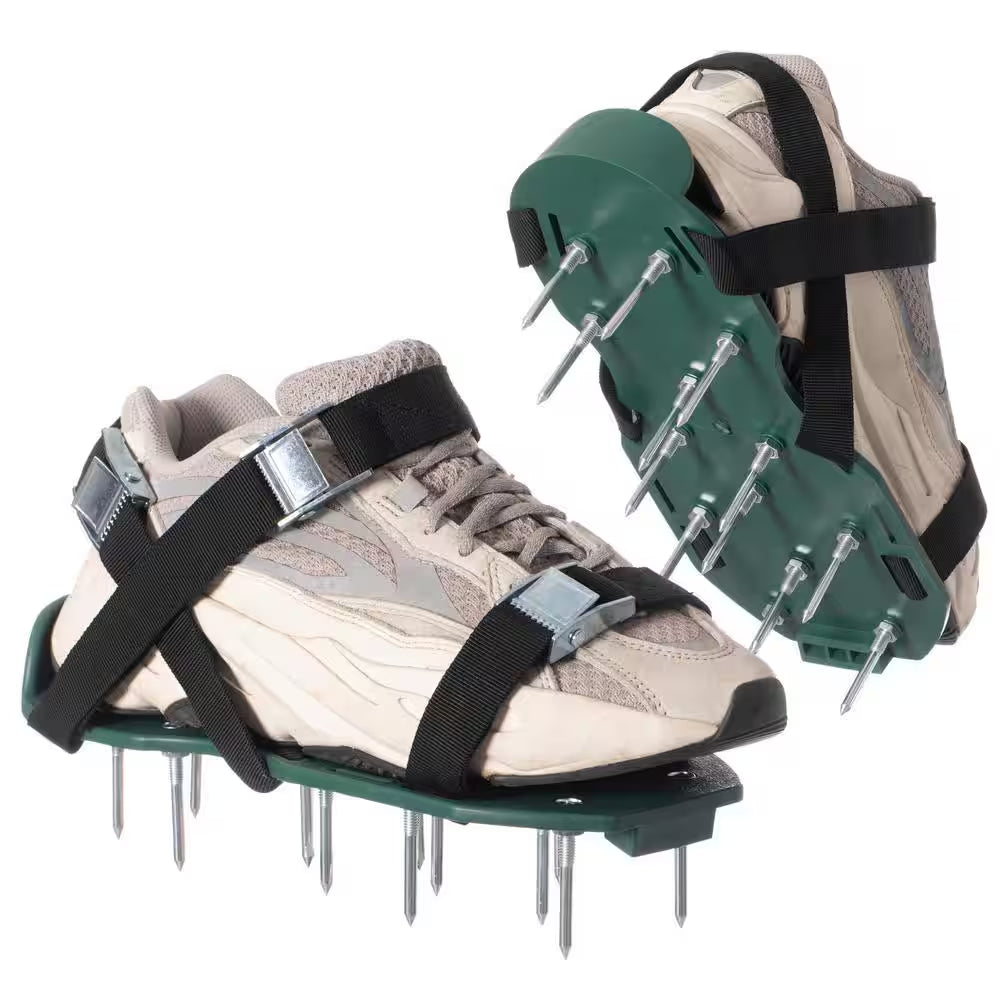 Lawn and Garden Aerator Spike Shoe with 3 Metal Buckle Straps, Green Spiked Sandal