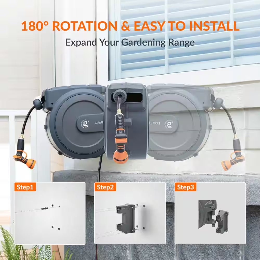 Garden Retractable Hose Reel-1/2 In.-78 Ft. Wall Mounted, Dark Grey, Metal Bracket