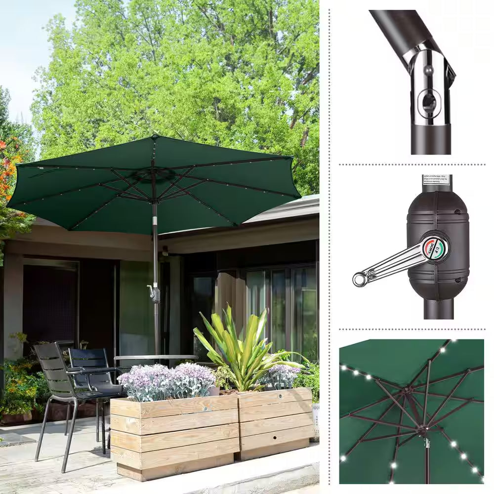 9 Ft. Steel Solar LED Lighted Patio Market Umbrella with Auto Tilt, Easy Crank Lift in Green