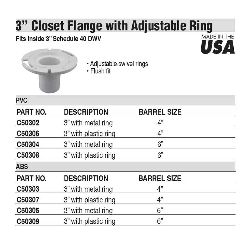7 In. O.D. PVC Closet (Toilet) Flange with 4 In. Long Barrel and Plastic Adjustable Ring, Fits inside 3 In. Sch. 40 Pipe