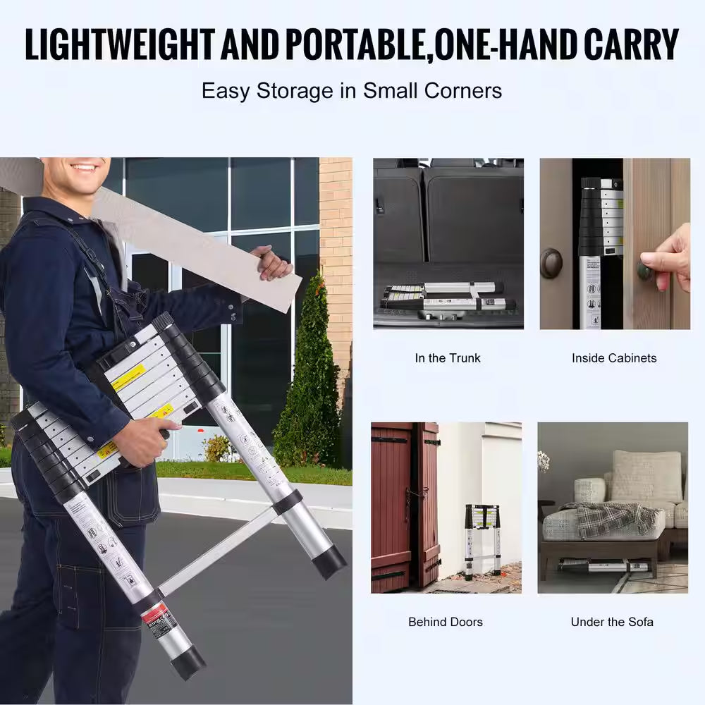 Telescoping Ladder, Non-Slip Feet, 8.5 Ft. Aluminum Extension Ladder 8.5 Ft. 375 Lbs. Collapsible