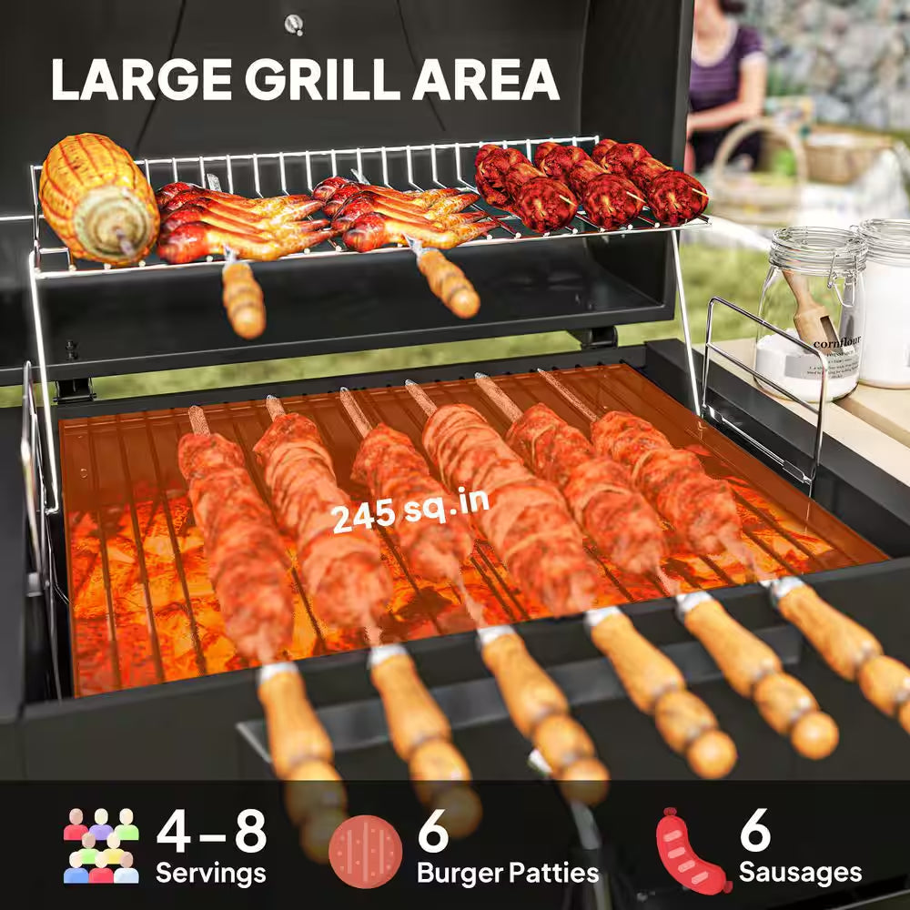 Charcoal Grill in Black with Adjustable Charcoal Pan, 3 Shelves, Thermometer, Wheels for Patio Backyard Party Picnic