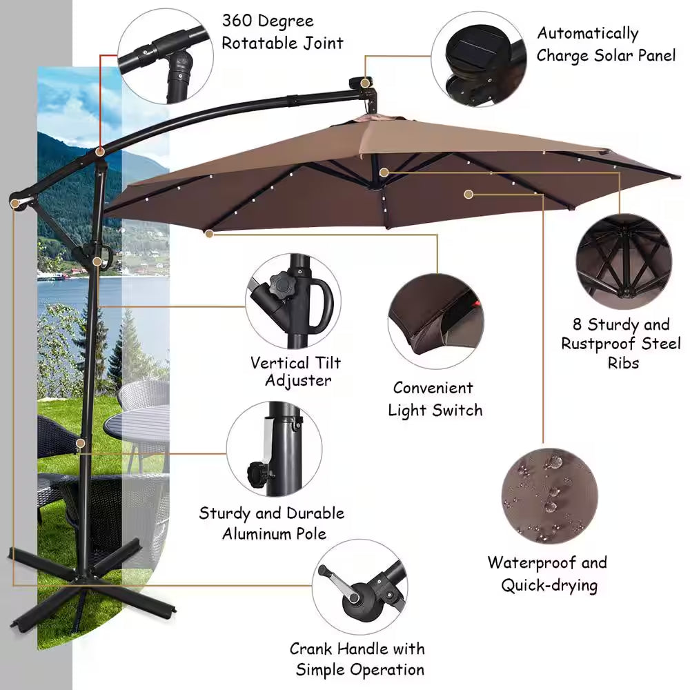 10 Ft. Aluminum Offset Cantilever Solar Tilt Patio Umbrella LED Lights 360-Degrees Rotation Tan