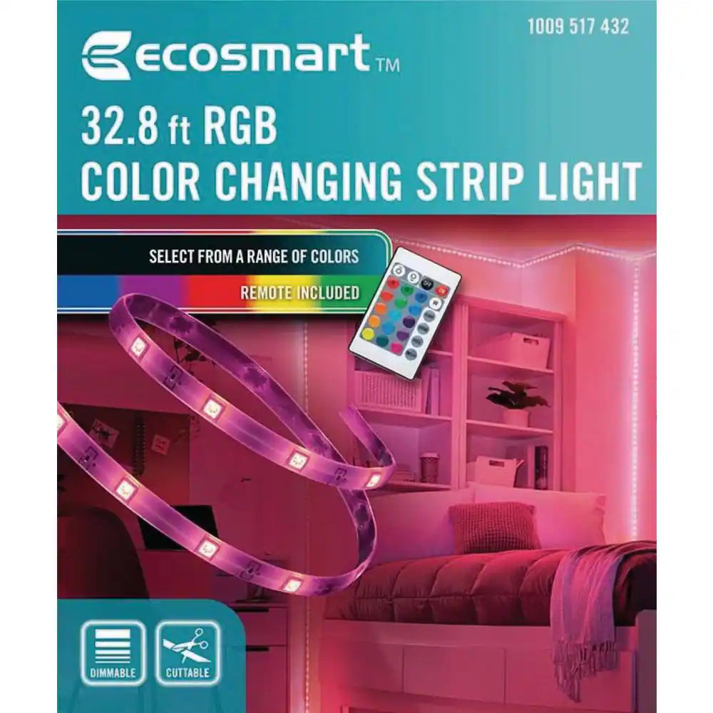 32.8 Ft. RGB Color Changing Dimmable LED Strip Light with Remote Control