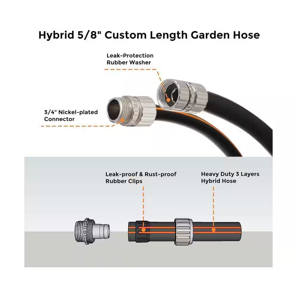 5/8 In. X 50 Ft. Heavy-Duty Flexible No Kink Rubber Water Garden Hose Leakproof Custom Length Male-Female Fittings