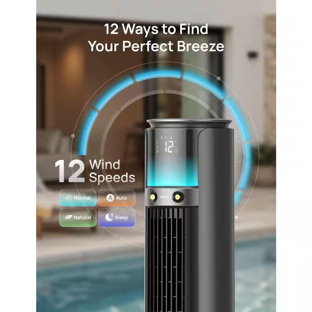 Outdoor Misting 42 In. 12-Fan Speeds Tower Fan in Black with Remote, 20 Ft. Mist, 150° Oscillation and UV Resistance