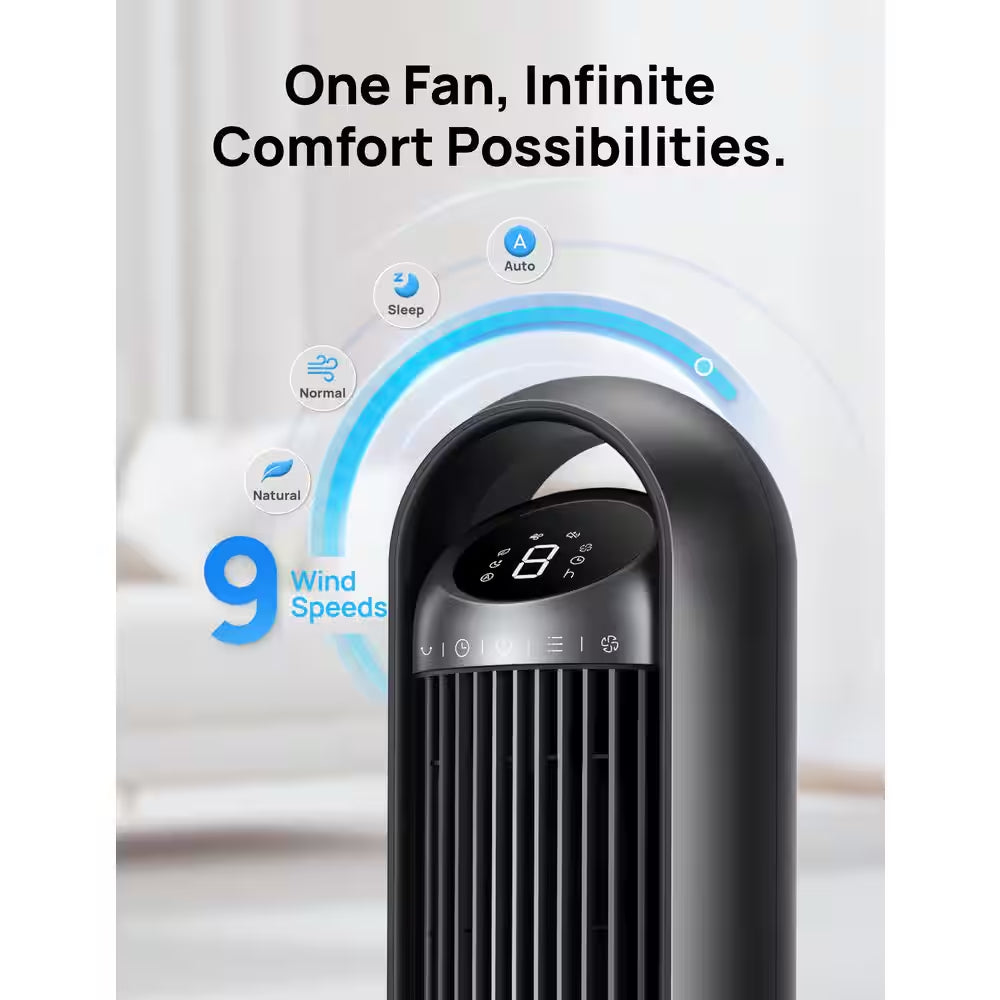 36 In. Smart Tower Fan, 8 Speed, DC Motor, 25 DB Quiet, 90° Oscillating with Remote and Wi-Fi Voice Control in Black