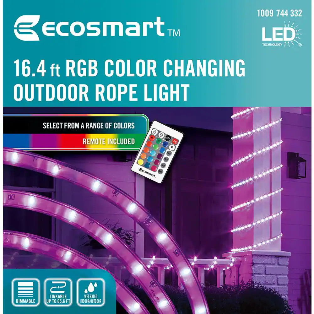16.4 Ft. RGB Color Changing Dimmable Linkable Plug-In LED Outdoor Rope Light with Remote Control