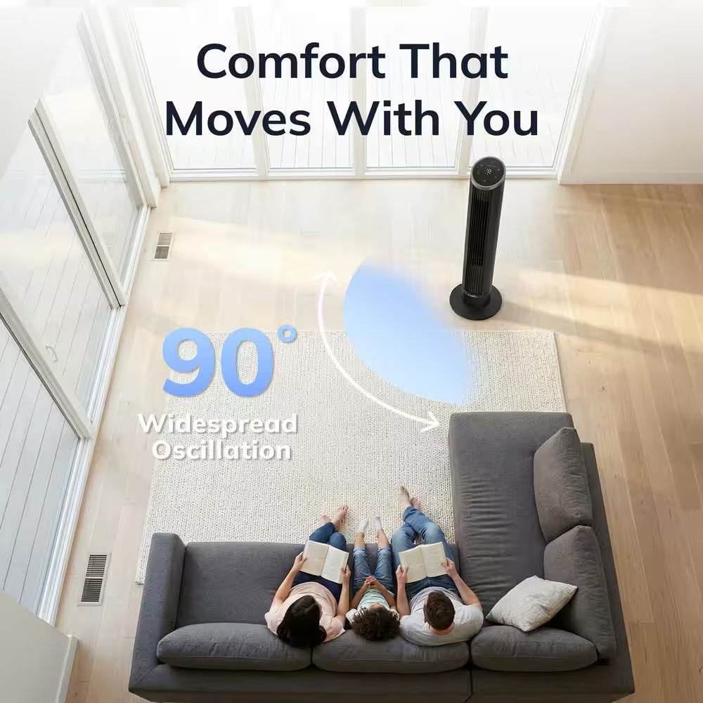 36 In. 12-Speed Oscillating Tower Fan in Black with Quiet DC Motor for Bedrooms, 4-Fan Modes, Timer, Remote, 11 In. Dia