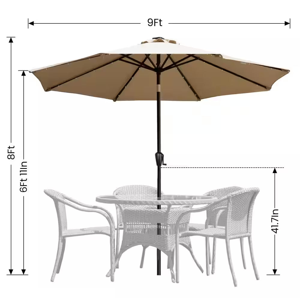 9 Ft. Steel Market Solar Lighted 8-Rib round Patio Umbrella in Taupe