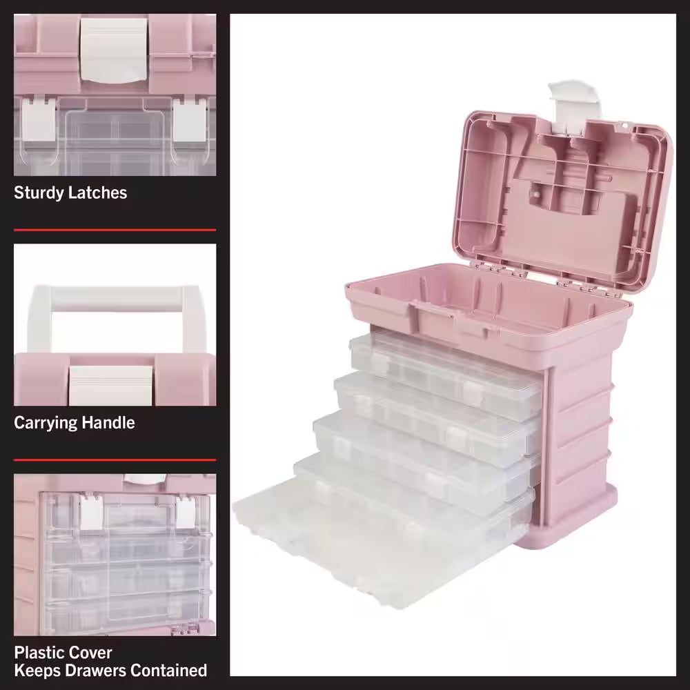 7 In. W - Pink Plastic 4 Drawer Tool Box for Hardware or Craft Supplies - Portable Tool Box