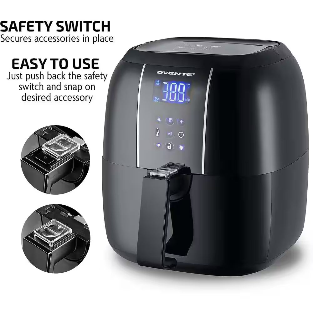3.2 Qt. Black Air Fryer Grill Pan and Non-Stick Frying Basket Auto Shut-Off 6 Cooking Presets Touch Sensor