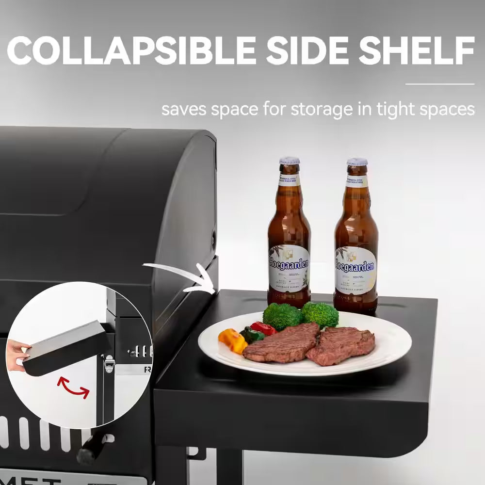 24 In. Movable Charcoal Grill in Black, 2 Foldable Side Shelves, 2-Level Height-Adjustable Charcoal Pan