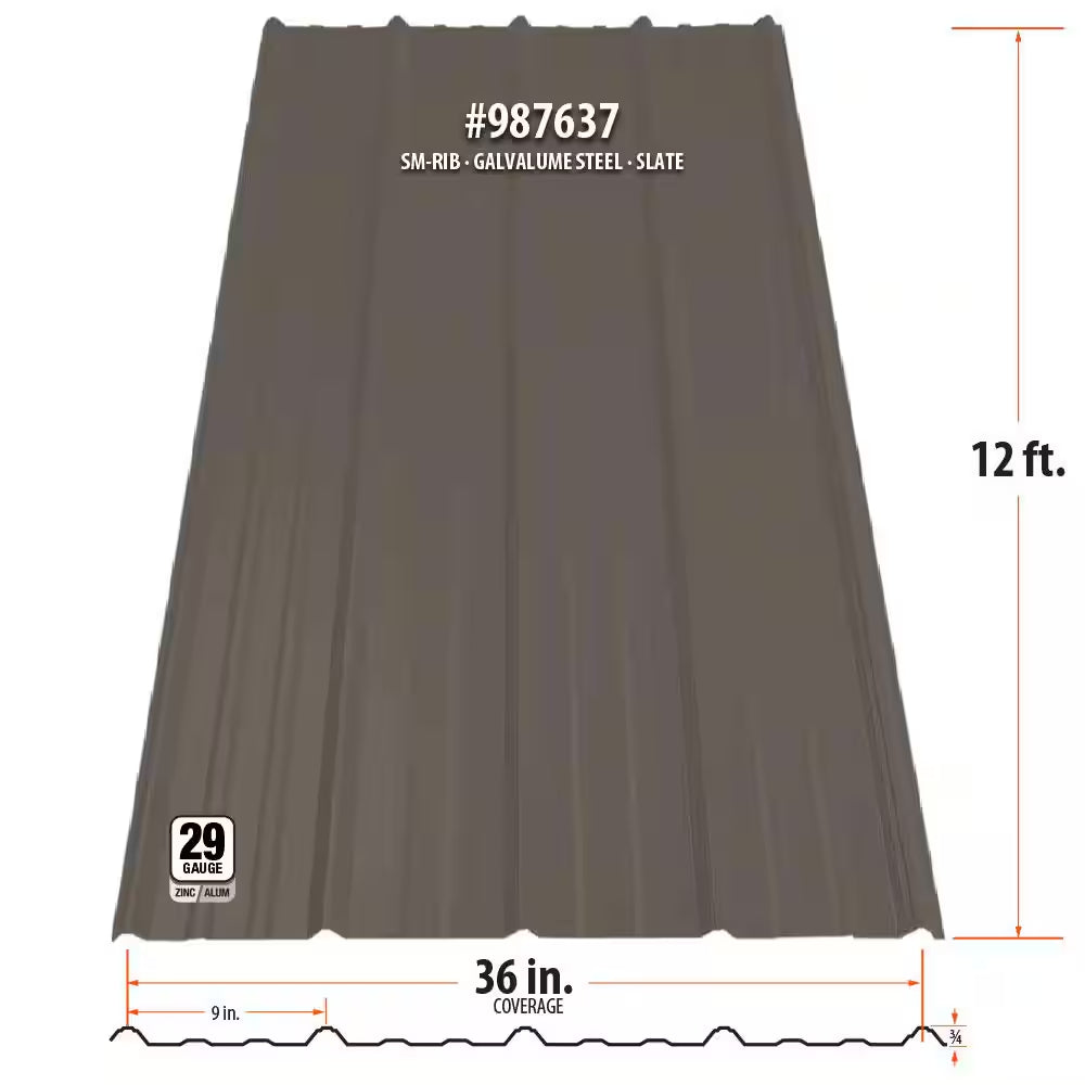12 Ft. Sm-Rib Galvalume Steel 29-Gauge Roof/Siding Panel in Slate