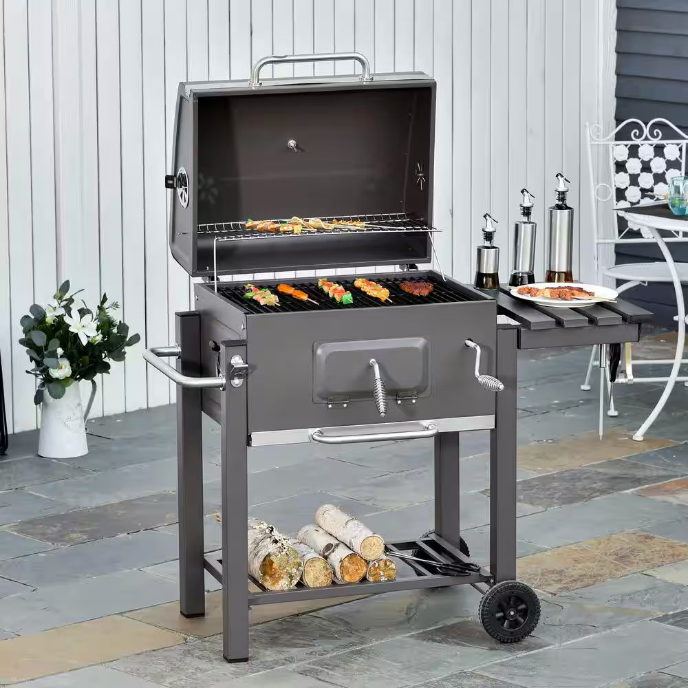 Portable Charcoal Grill in Gray with Side Shelf