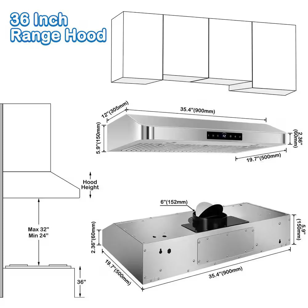 36 In. 1200 CFM Convertible under Cabinet Range Hood in Stainless Steel with 4-Speed Settings, Built-In Oil Cup