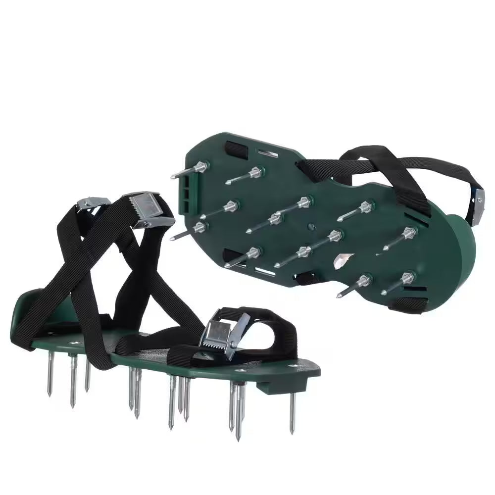 Lawn and Garden Aerator Spike Shoe with 3 Metal Buckle Straps, Green Spiked Sandal