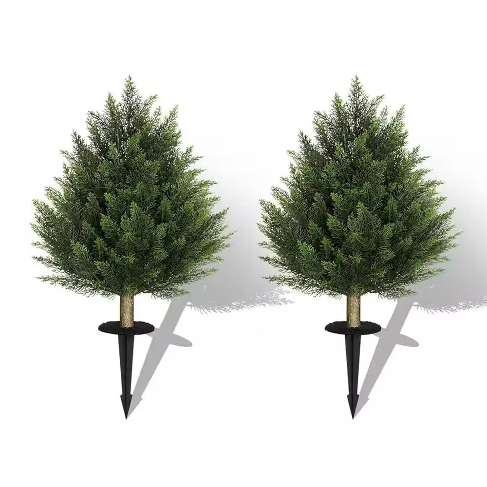 2-Sets 2 Ft. Artificial Cedar Bush Shrubs with Ground Stake Indoor Outdoor UV Resistant Fake Plant Garden Entryway Decor