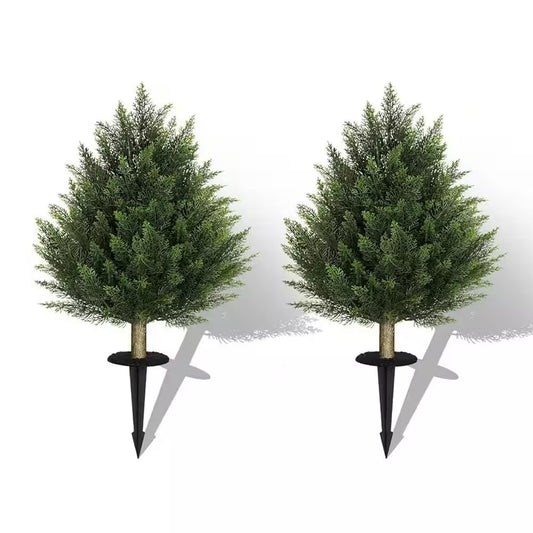 2-Sets 2 Ft. Artificial Cedar Bush Shrubs with Ground Stake Indoor Outdoor UV Resistant Fake Plant Garden Entryway Decor