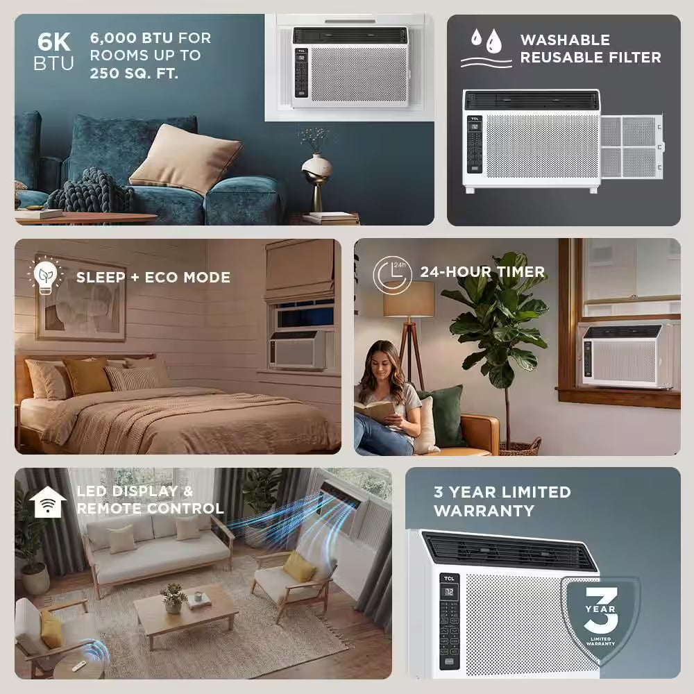 6,000 BTU 115 Volts Window AC Cools 250 Sq. Ft. with Remote in White
