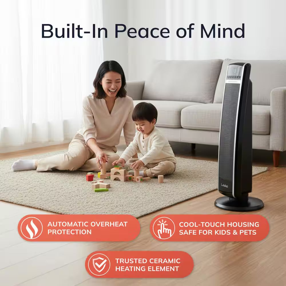 1500W 30 In. Black Indoor Electric Tower Forced Air Ceramic Space Heater with Thermostat, 2-Speeds, Timer, and Remote