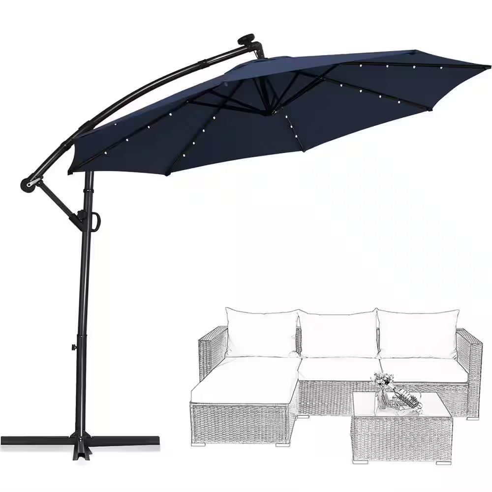 10 Ft. 360° Rotation Aluminum Offset Cantilever Solar Tilt Patio Umbrella LED Lights in Navy