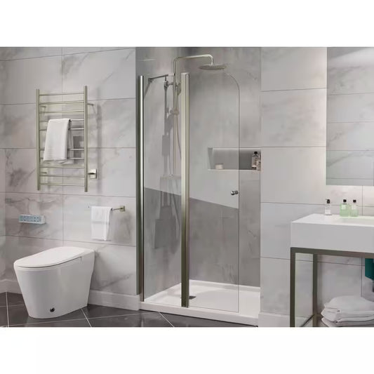 Romance Series 33.3 In. X 72 In. H Hinged Frameless Shower Door in Brushed Nickel with Tsunami Guard Tempered Glass