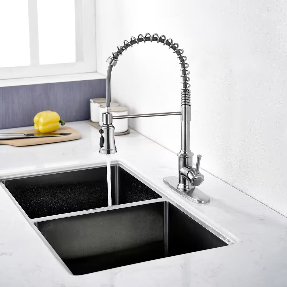 Spring Single-Handle Pull-Down Sprayer Kitchen Faucet with 3 Spray Mode in Stainless Steel Brushed Nickel