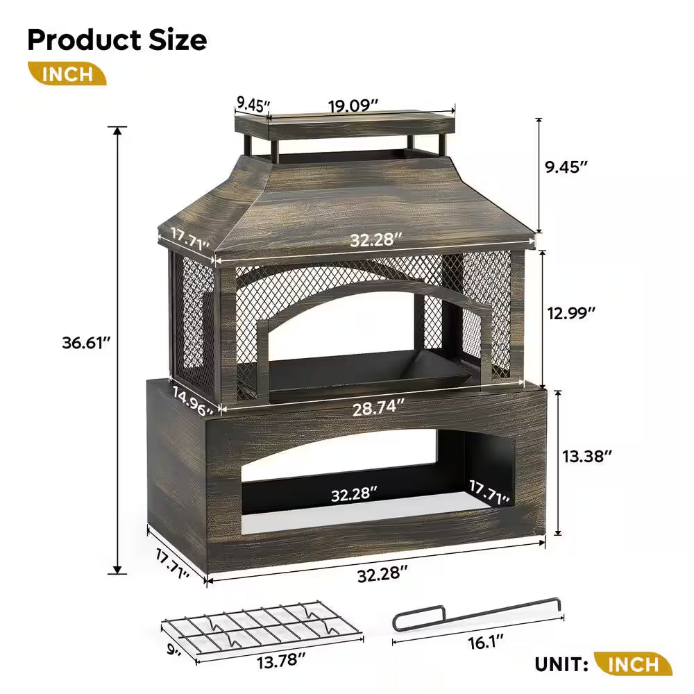 37 In. Steel Outdoor Wood Burning Fireplace with Wood Storage Rectangular Freestanding
